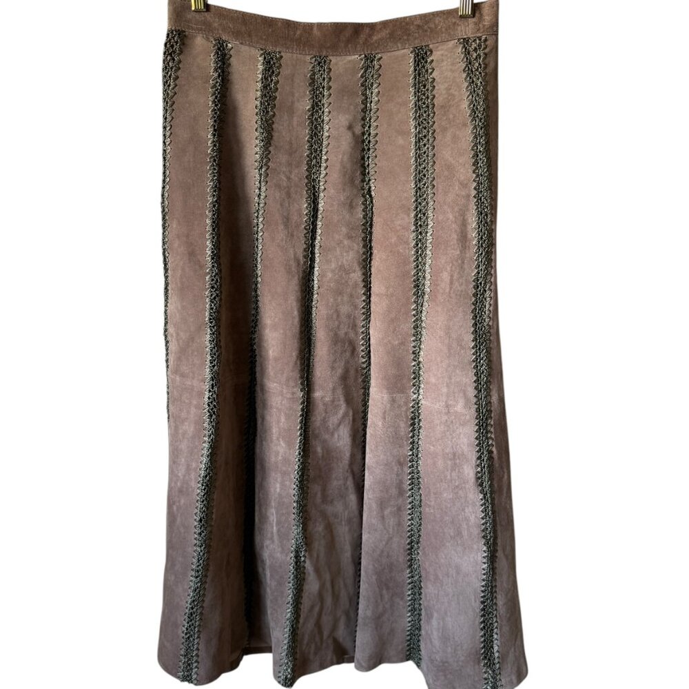 Vintage Mark Alan Suede Leather Crochet Patchwork A Line Midi Skirt Sz Med W28"